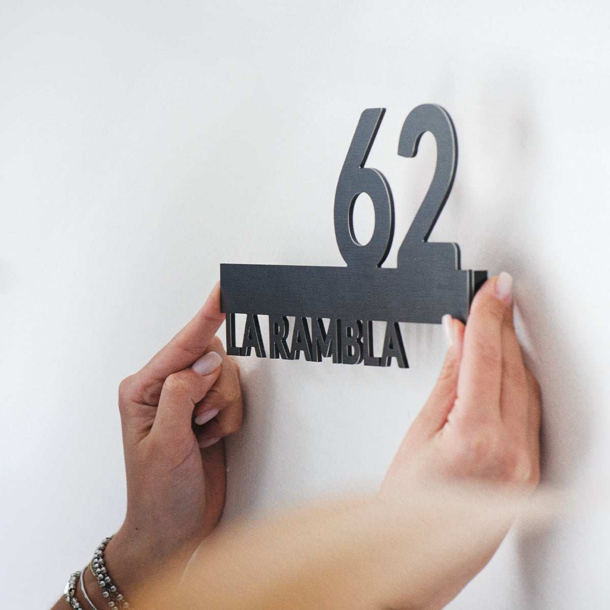 Numero civico in alluminio modello Line 02 finitura antracite spazzolato con nome della via